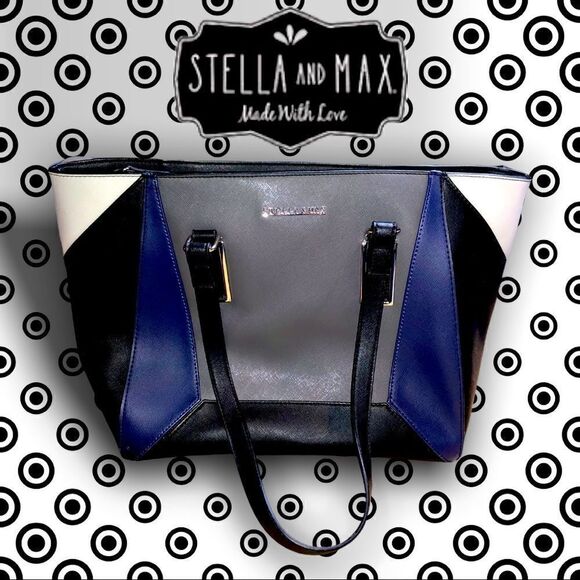 STELLA & MAX leather handbag purse bk bl Grey wht - Picture 1 of 8